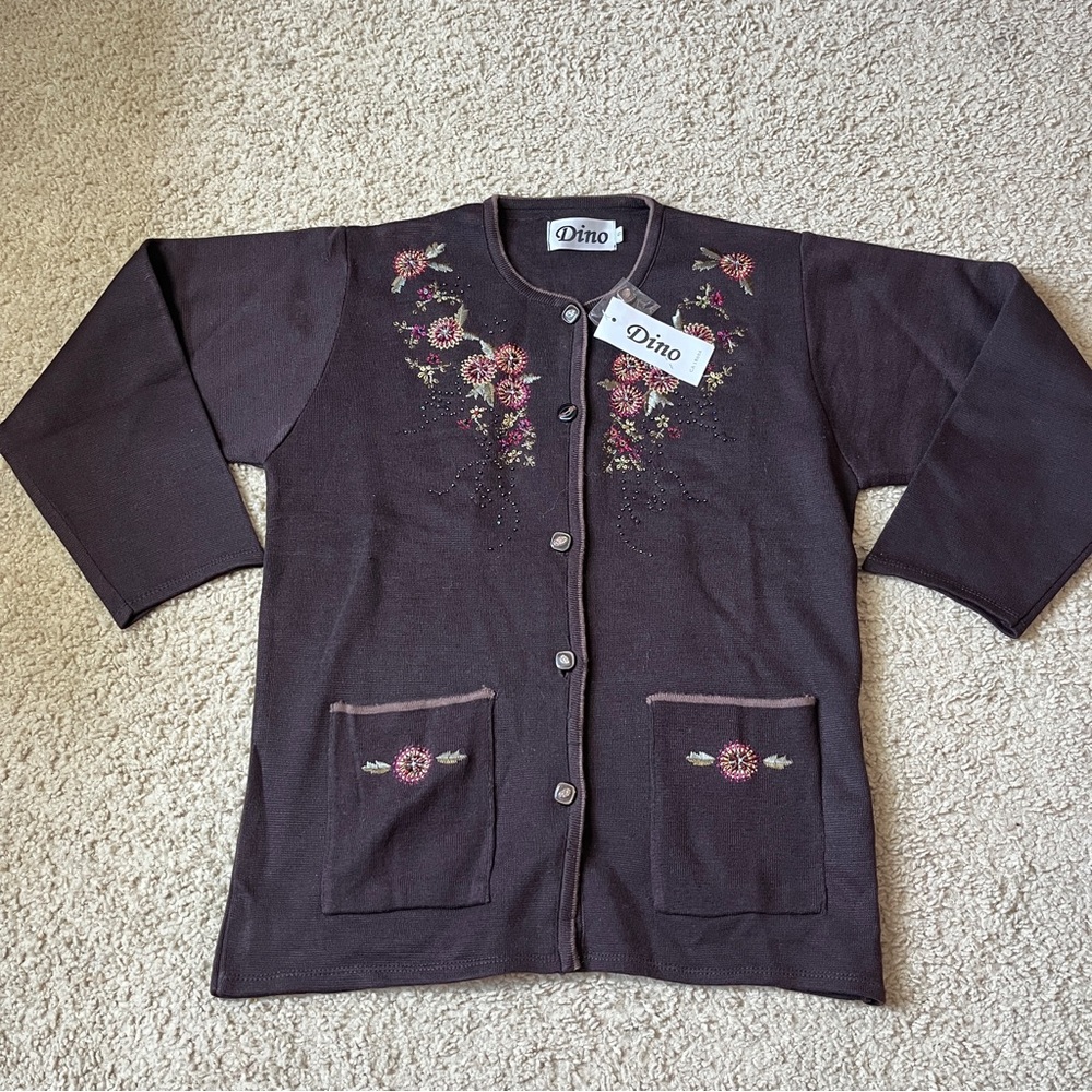 Vintage Dino NWT Brown Embroidered Sweater Cardigan Women's Small Flowers Floral